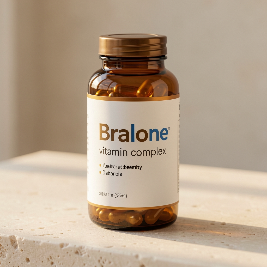 Close-up of amber glass supplement bottle with Bralone vitamin complex label on pale stone surface with morning light