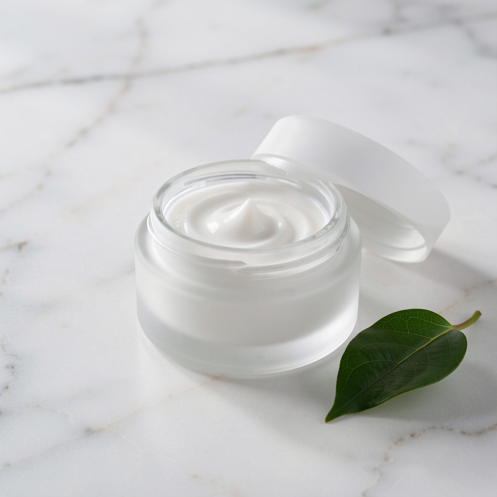 Frosted glass skincare jar open to reveal white collagen cream on marble surface with a single green leaf beside it