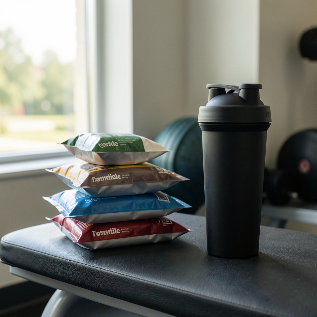 Three stacked supplement pouches and a matte black shaker bottle arranged on a gym bench near a window with natural light