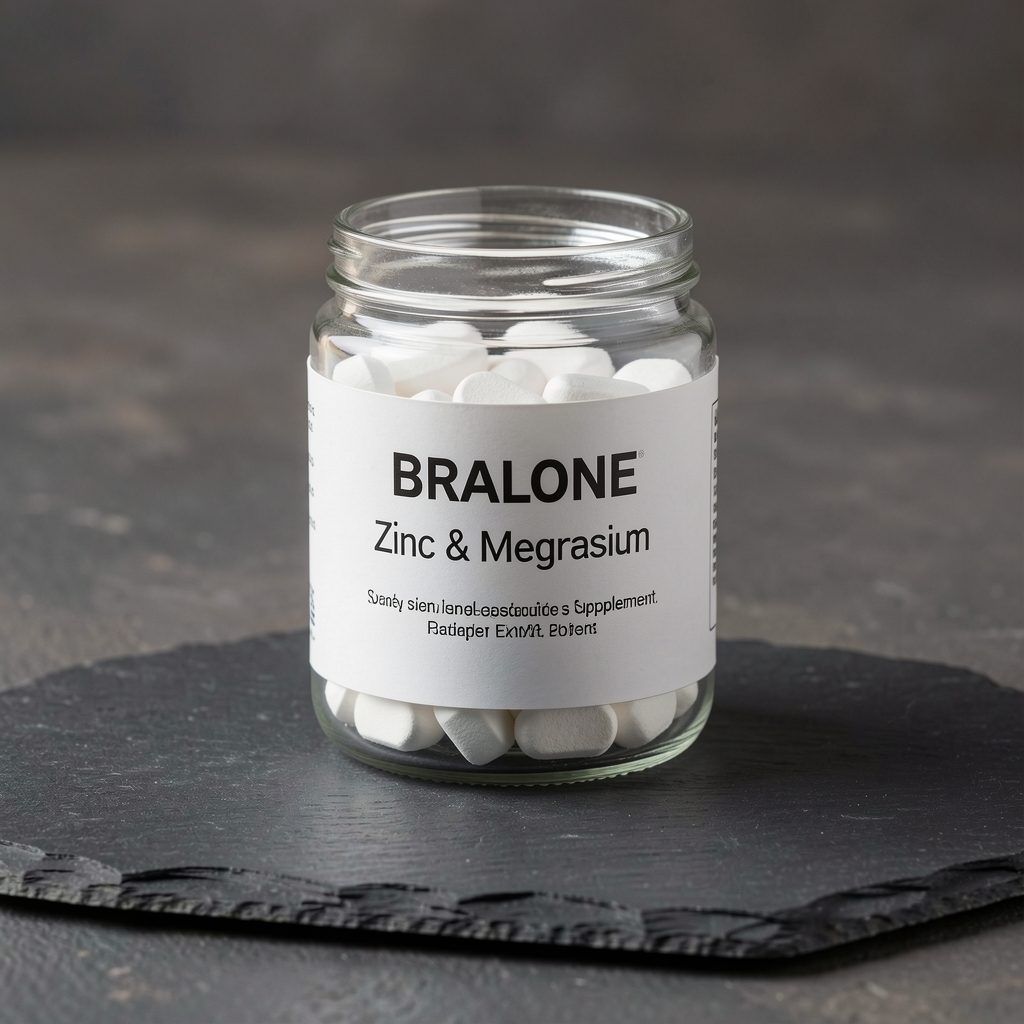 White labelled glass pot of Bralone zinc and magnesium supplement on a dark slate surface with natural texture visible