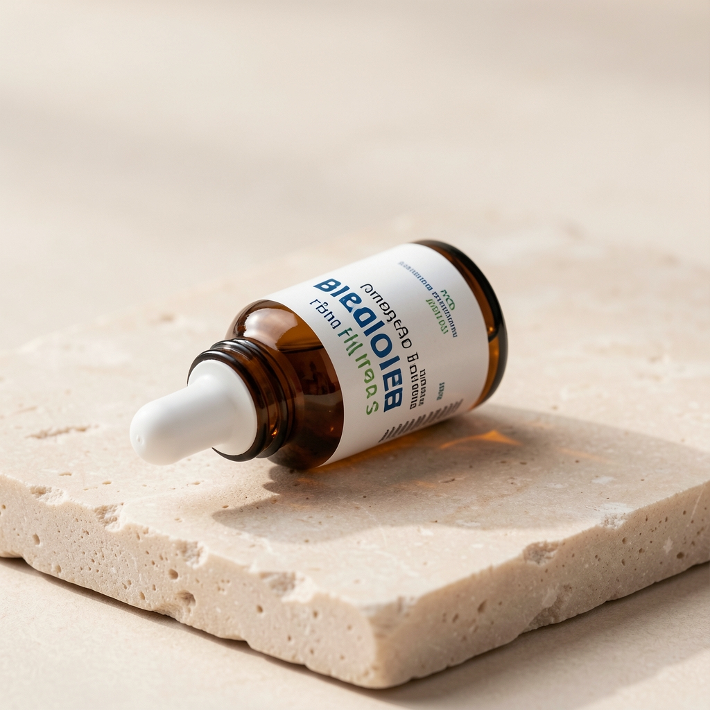 Small amber glass bottle of Bralone omega-3 fish oil supplement with white dropper cap lying on its side on a pale stone slab
