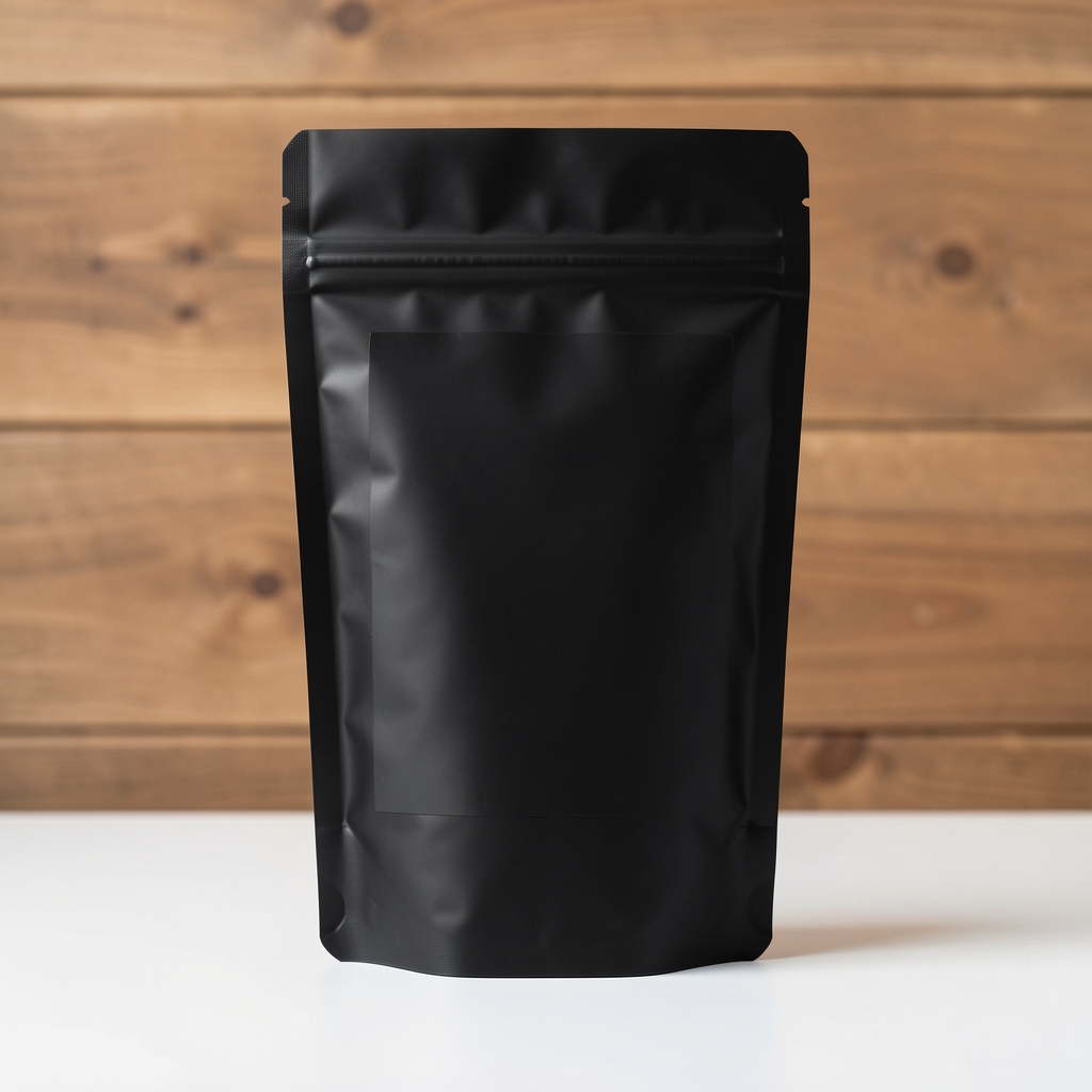 Matte black foil pouch of Bralone selenium and vitamin C antioxidant formula standing upright on a clean white surface with a wooden background