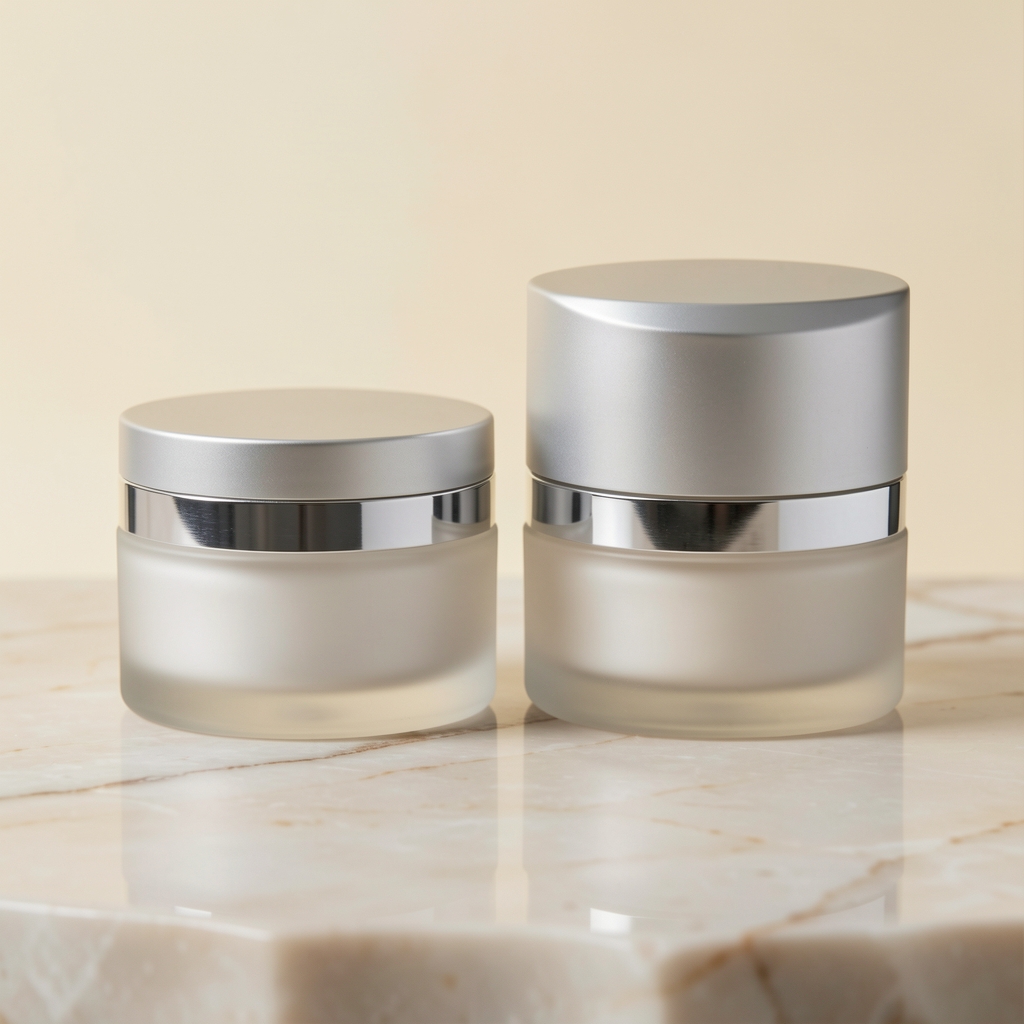 Two Bralone skincare product jars side by side on a polished stone surface with soft studio lighting and cream-coloured background