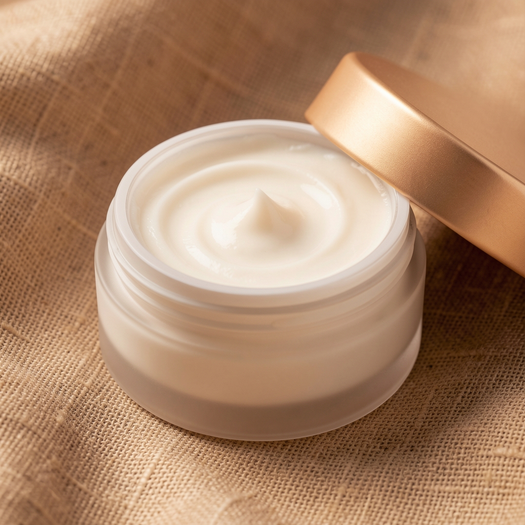 Bralone anti-aging face cream jar open showing cream texture under controlled studio lighting against a warm linen background