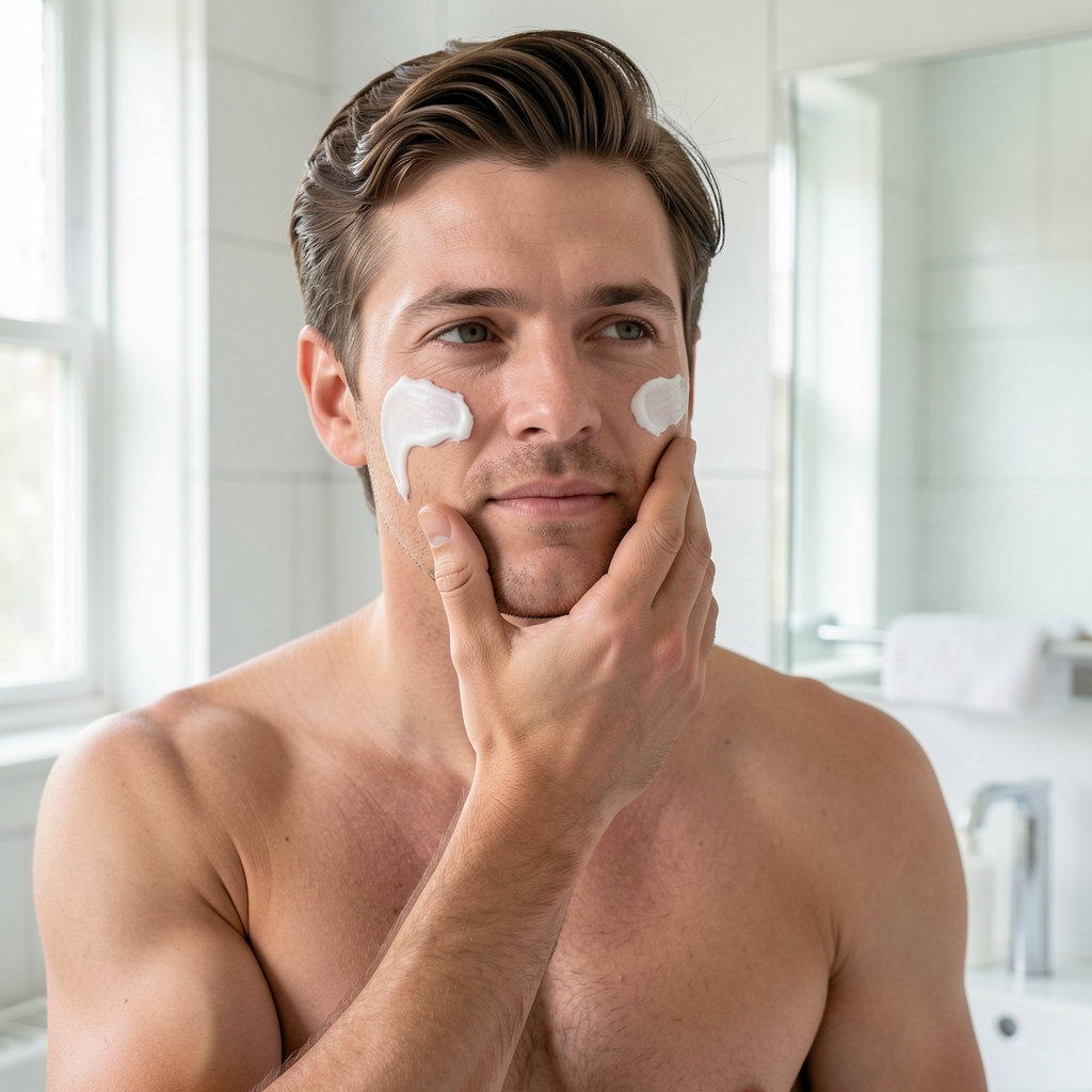 Man applying Bralone moisturising cream to his face in a bright well-lit bathroom, morning routine, natural daylight