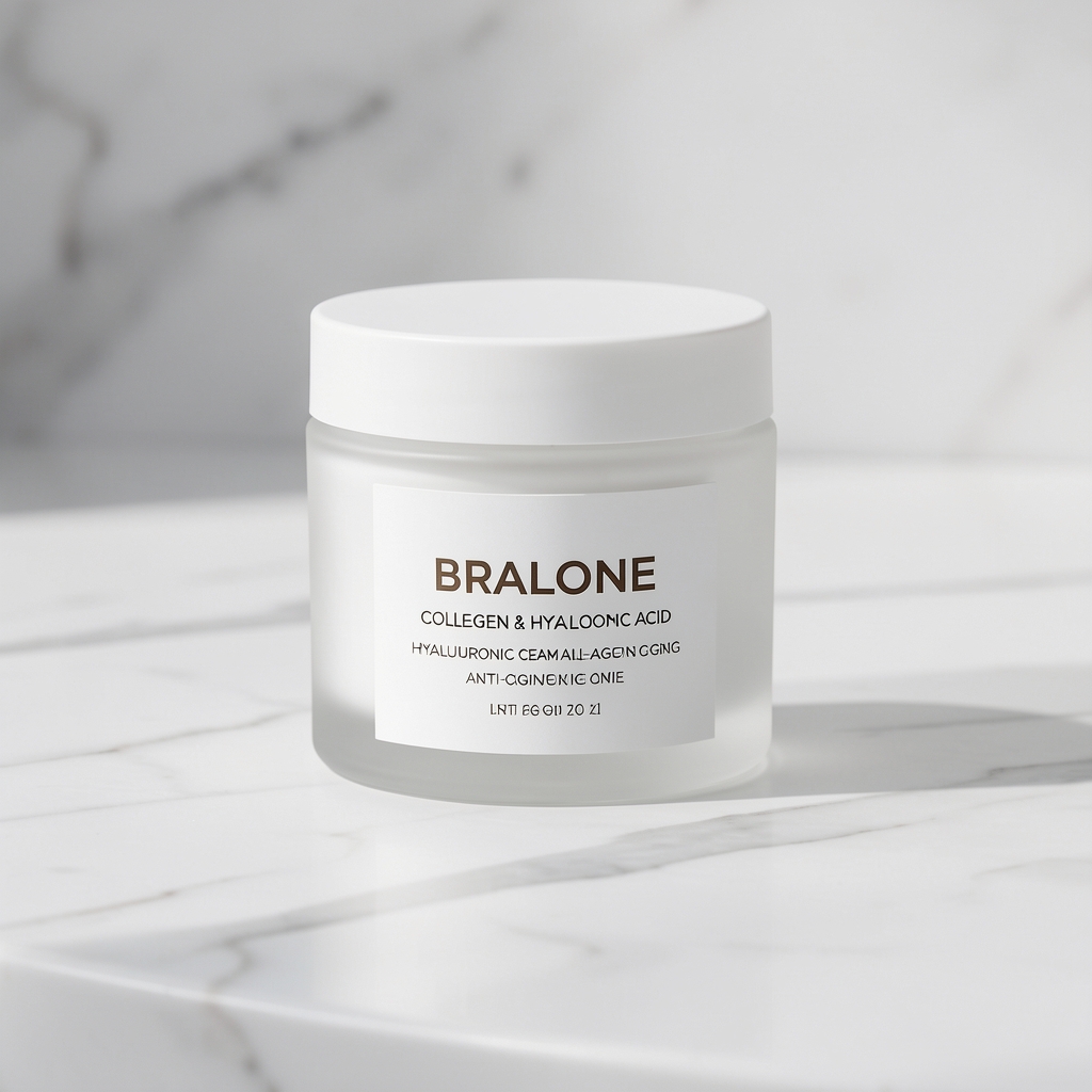 Frosted white glass jar of Bralone collagen and hyaluronic acid anti-aging face cream with minimalist label on polished white marble with soft shadows