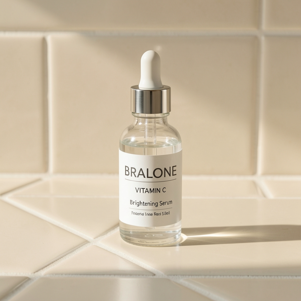 Clear glass dropper bottle of Bralone vitamin C brightening serum on a cream ceramic tile surface with natural morning light