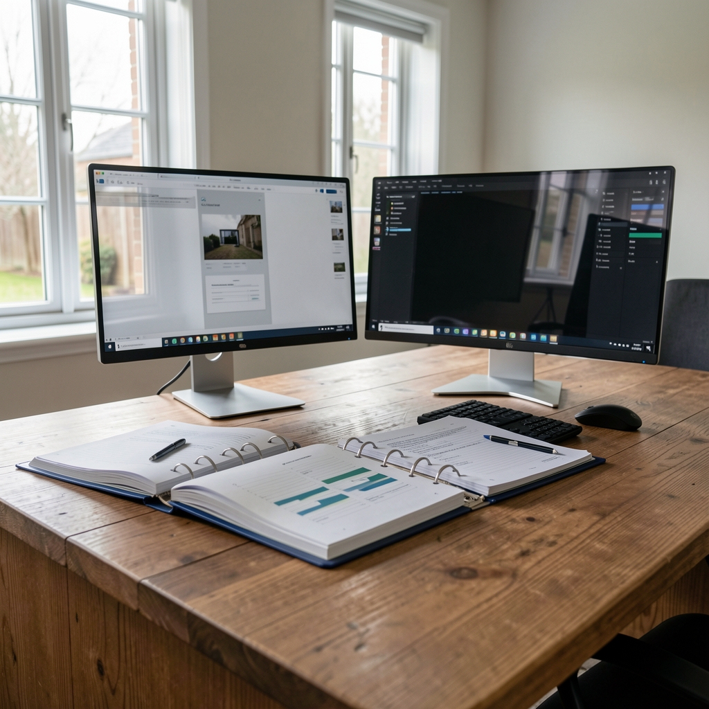 Interior view of Bralone review workspace showing reference binders open on a wide wooden desk with two large monitor screens and natural light from side windows