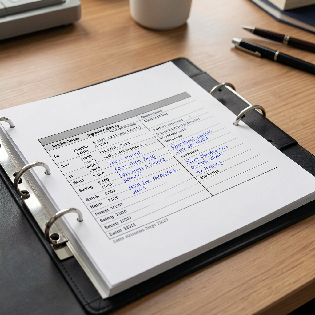 Close-up of open ring binder on a desk showing batch-coded ingredient sourcing documentation with handwritten annotations in blue ink