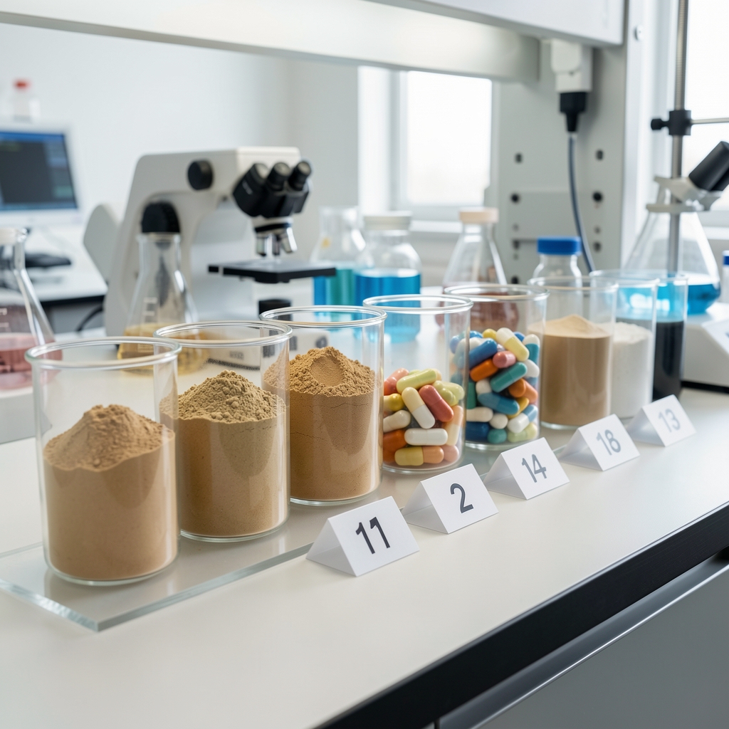 Glass sample containers filled with dry supplement powders and capsules arranged in a numbered row on a quality-control bench under bright lighting